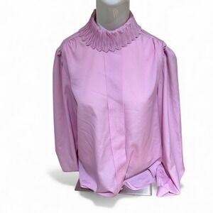 Rhoda Lee Pink Pleated Mock Neck Puff Sleeve Button Back Blouse 16 fits 12 USA